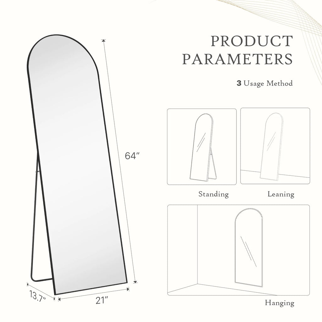 64"x21" Arched Full Body Length Standing Mirror - Full Body Floor Mirror  - Hanging/Leaning/Standing