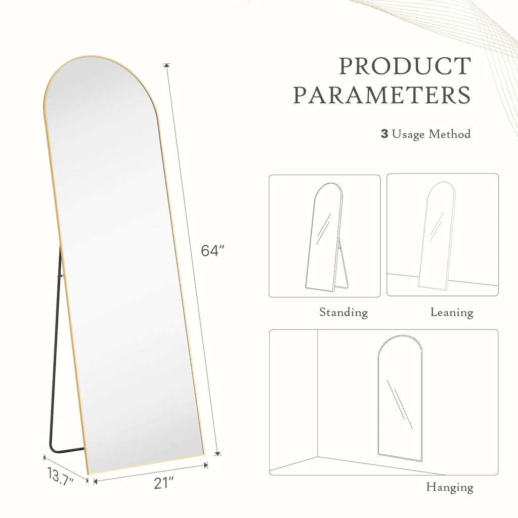 64"x21" Arched Full Body Length Standing Mirror - Full Body Floor Mirror  - Hanging/Leaning/Standing