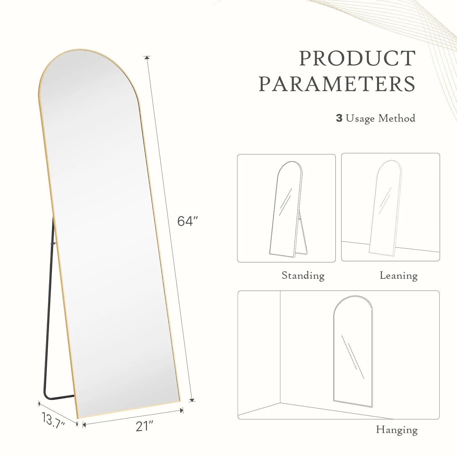 64"x21" Arched Full Body Length Standing Mirror - Full Body Floor Mirror  - Hanging/Leaning/Standing